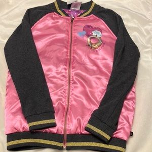 NWT Shopkins Zip Up Pink Bomber Jacket with grey cotton sleeve Girls XL